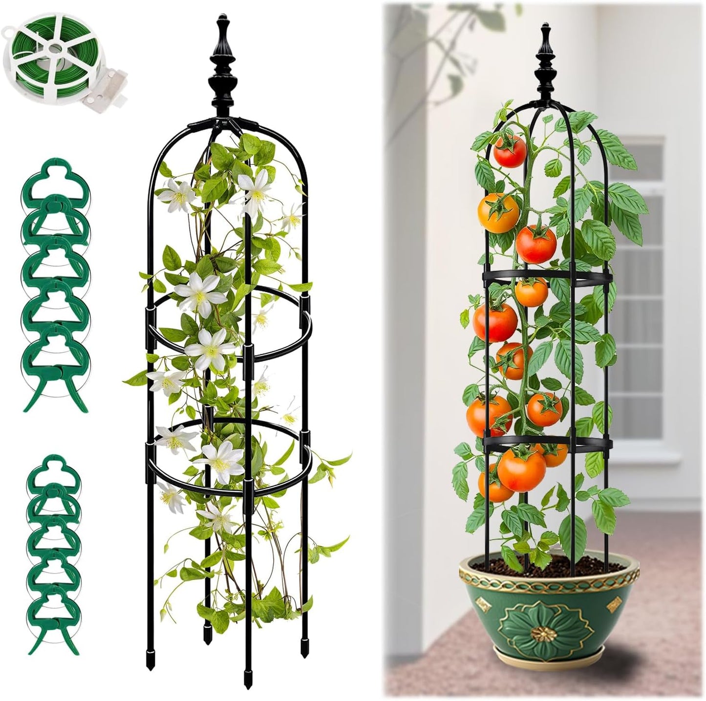 Trellis For Climbing Plants Outdoor 1Pcs 6Ft Garden Obelisk, Metal Pipe Tomato Cage Cucumber Rose Flower Vegetable Grape Round Vine Tall Plants Trellis,Plants Support Stakes Potted Garden Tower Indoor