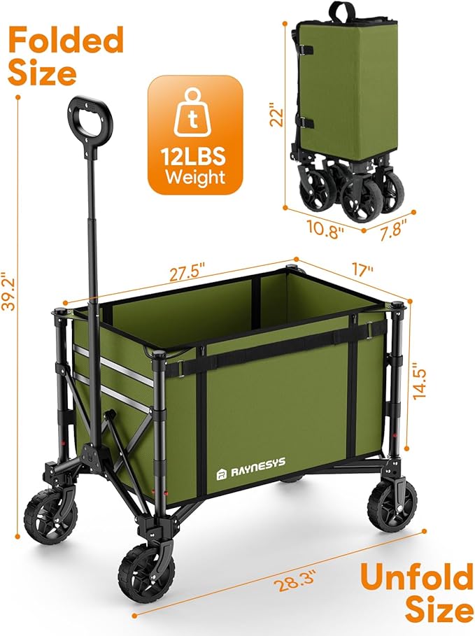 Collapsible Wagon Cart with Wheels 220lbs Foldable Wagon 120L Shopping Cart for Groceries Folding Utility Wagon for Beach, Garden, Camping, Sport, Wheelbarrows, Green