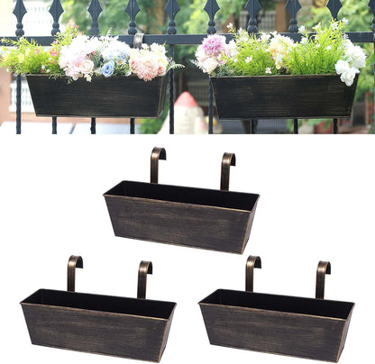 Hanging Planters for Outdoor Plants 16 Inch Railing Planter Box for Balcony Deck Window Metal Rectangular Fence Flower Pots with Drainage Holes for Patio Porch Outside Garden Decor(3 Pack)