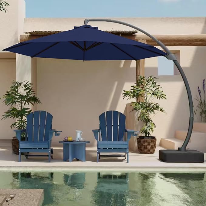 12FT Cantilever Umbrella with Base Large Curvy Outdoor Aluminum Offset Umbrella w/ 360° Rotation, UV Resistant Canopy for Patio, Garden, Backyard, Navy Blue