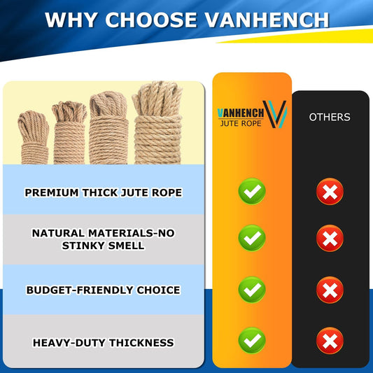 Vanhench Natural Jute Rope Heavy Duty, 1IN x 50 Feet Thick Sisal/Hemp Nautical Rope for Climbing/Tug of War/Swing, Team Building Games for Carnival Party, Bundling, Crafts (Brown)