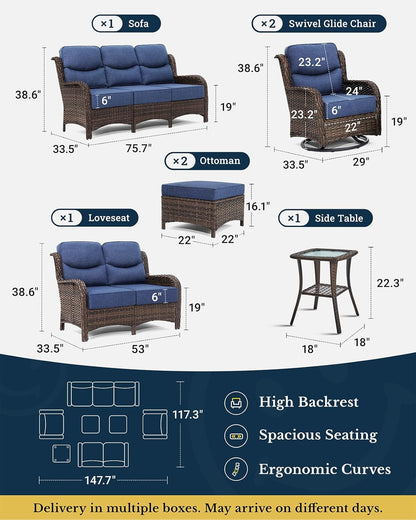 HILLGA Luxury Patio Furniture Set with 6-inch Thick Cushion, Outdoor Couch, Loveseat and High Back Swivel Rocker Patio Chairs, 7PCS Wicker Conversation Set for Deck Yard and Poolside, Blue (V2)