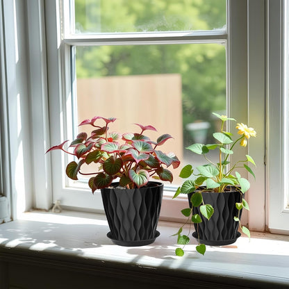 10 Pack 5 Inch Plant Pots with Drainage and Saucers, Black Plastic Flower Pots for Indoor and Outdoor Plants, Stackable Nursery Planters for Houseplants and Herbs, Black