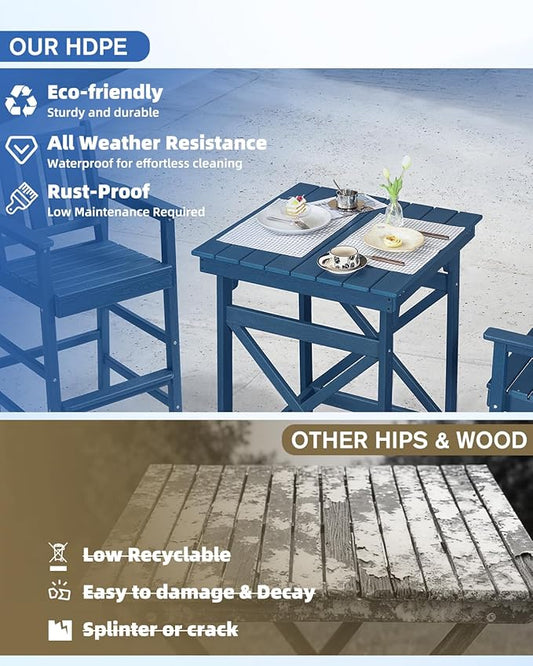 QUASCO 3-Piece Outdoor Adirondack Chairs and Table, All Weather HDPE Tall Adirondack Chair Set of 2 and Bar Table, Outdoor Bar Stools Set for Bistro Balcony Patio, Navy