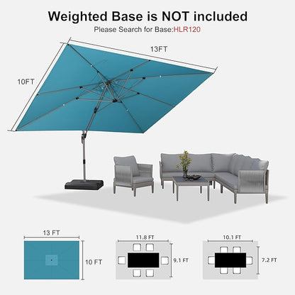 PURPLE LEAF 10' X 13' Patio Umbrella, Rectangle Outdoor Cantilever Umbrella, Aluminum Offset Umbrella with Champagne Frame and 360° Rotation for Pool Deck Garden, Turquoise Blue