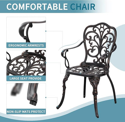 Bistro Set 3 Piece Outdoor Bistro Table and Chair Set of 2 Cast Aluminum Patio Furniture with Umbrella Hole,Patio Bistro Table Sets for Garden,Yard(Brown)