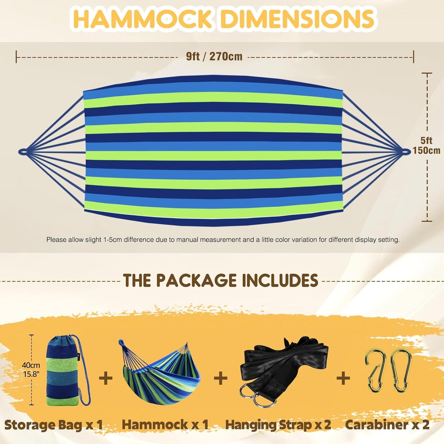 ANYOO Cotton Hammock Portable Camping Hammocks for Hanging Sturdy Garden Comfortable Fabric Hammock with Tree Straps Up to 660lbs with Travel Bag for Camping Outdoor/Indoor Patio Backyard
