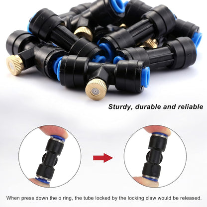 Mornajina Automatic Drip Irrigation Kits Garden Irrigation System, Includes 66FT 1/4 inch Irrigation Tubing Hose & 26Pcs Mist Nozzles Tee & 26Pcs Brass Misting Nozzles for Garden Watering System