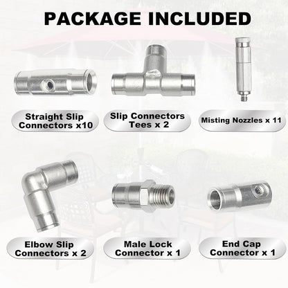 Brass Patio Misting Kit – 11pcs Brass Micro-Nozzles & 16pcs 3/8″ Slip Connectors for Outdoor Cooling (UNC 10/24, 0.012″ Precision Orifice, 15-280 psi)