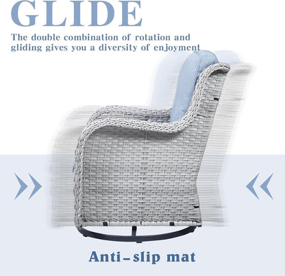 Outdoor Swivel Rocker Patio Chairs Set of 3, High Back Swivel Patio Chairs Wicker Furniture Set, 2 PCS Rattan Swivel Rocking Chair with Side Table, Light Grey Wicker