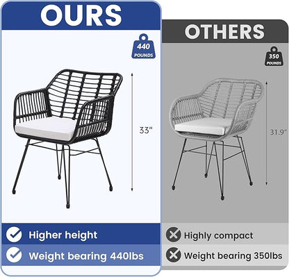 3 Piece Wicker Patio Bistro Furniture Set, Includes 2 Rattan Chairs and Glass Top Table, Ideal for Porch, Outdoor, Backyard, Apartment, Balcony, Black