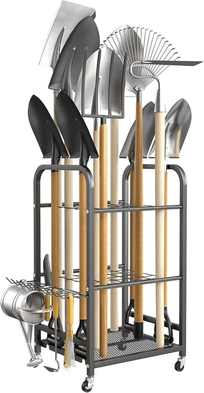 TORACK Garden Tool Organizer Stand with Wheels, Rakes Shovels Yard Tools Stand for Garage, Shed, Garden, Indoor/Outdoor Long-Handled Tools Cart