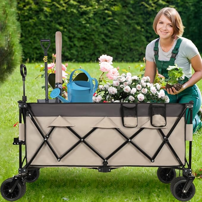 51-inch Extended Heavy-Duty Garden Cart for Camping & Sports, Shopping, Foldable Utility Wagon - 480lbs Capacity with 7" All-Terrain Wheels and Adjustable Handle