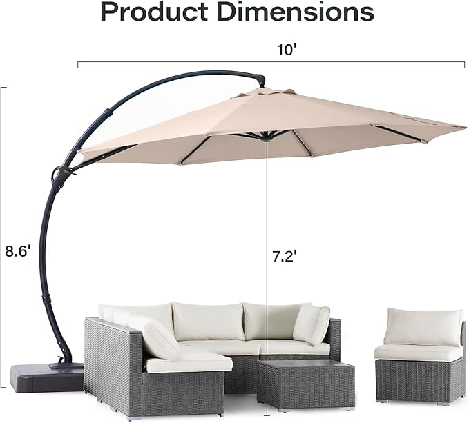 LAUSAINT HOME Outdoor Patio Umbrella with Base included, 10 FT Deluxe Curvy Cantilever Umbrella Offset Hanging umbrella with 360° Rotation for Market, Pool, Garden, Backyard, Deck (Beige, 10 FT)