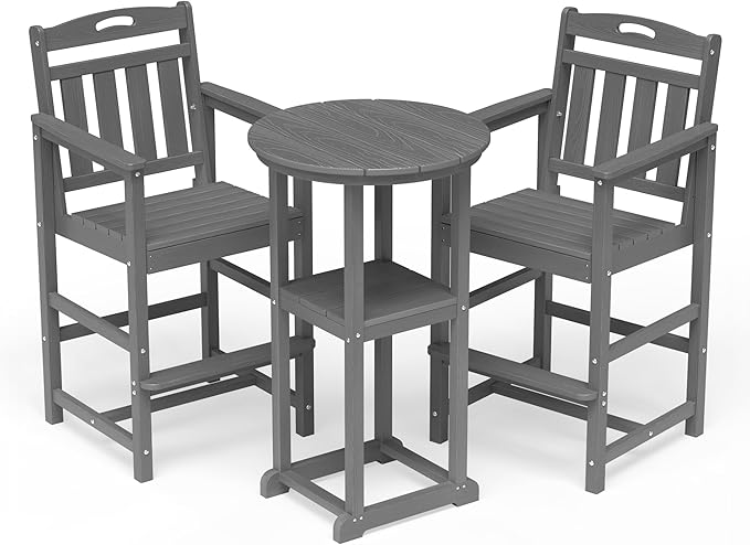 HDPE Outdoor Patio Bar Set with Bar Height Table and 2 Adirondack Chairs, All-Weather High Top Outside Round Pub Furniture for Bistro, Garden, Backyard, Deck | 3-Pieces, Grey