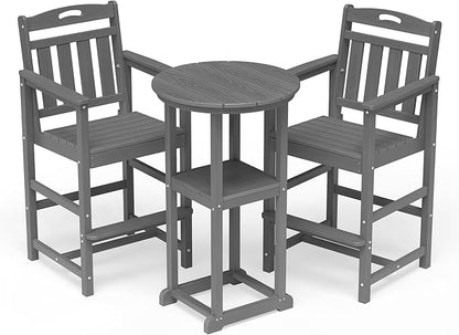 HDPE Outdoor Patio Bar Set with Bar Height Table and 2 Adirondack Chairs, All-Weather High Top Outside Round Pub Furniture for Bistro, Garden, Backyard, Deck | 3-Pieces, Grey