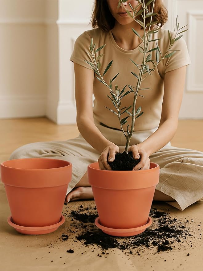 INGOFIN Terracotta Pot Set of 2 with Saucer - 10 Inch Ceramic Clay Pot for Plants with Drainage Hole, Large Terra Cotta Flower Planter with Tray for Indoor Outdoor Plants