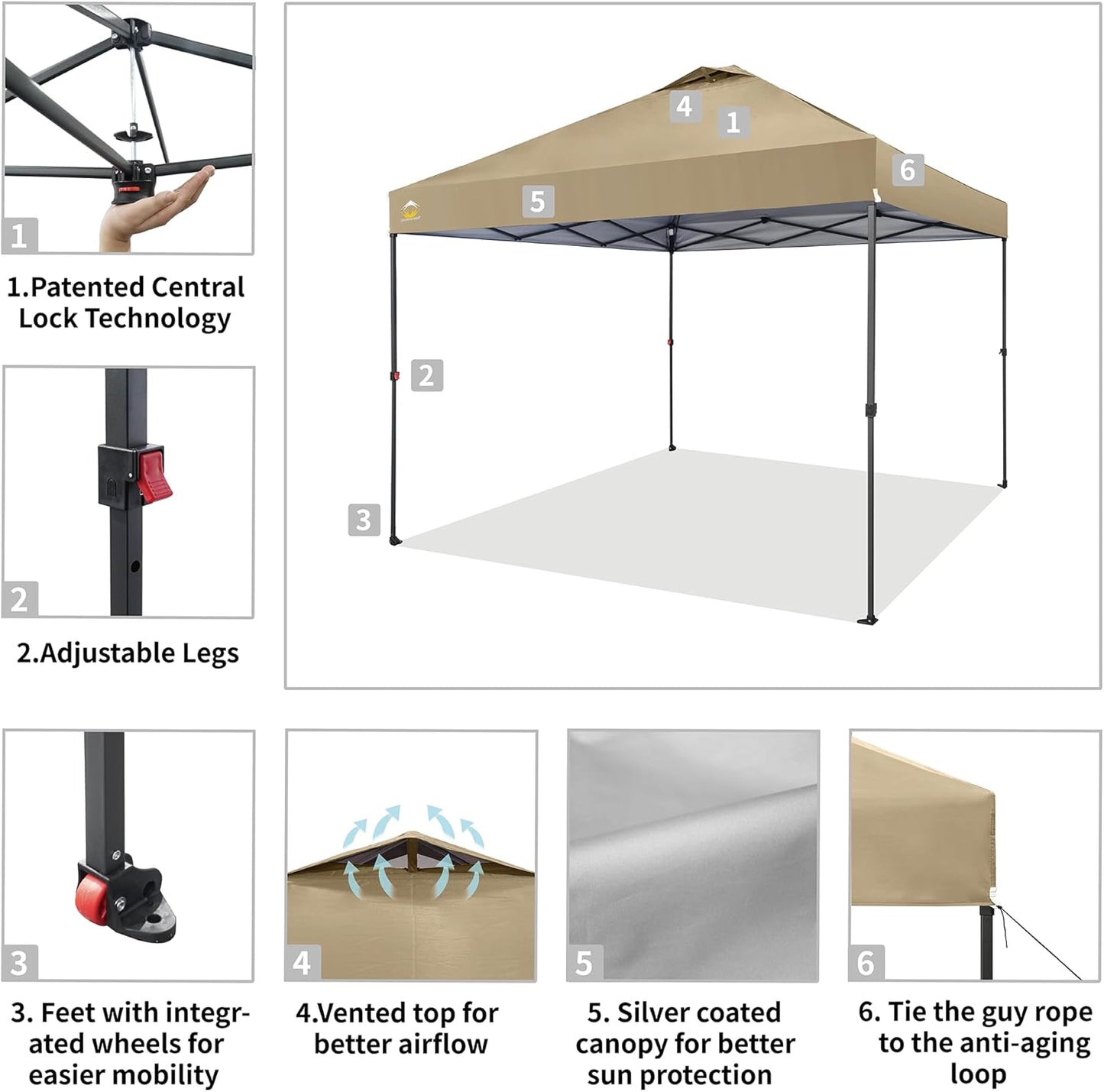 CROWN SHADES 10x10 Pop Up Canopy Tent - Patented Center Lock One Push Instant Outdoor Canopy Beach Tent with STO-N-Go Bag 8 Stakes & 4 Sand Bags，Khaki