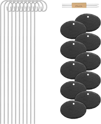 Navaris Slate Garden Markers (10 Pieces) - Plant Marker Label Signs with Stakes - for Plants, Vegetables, Herbs, Gardens - Includes Chalk Pencils - Oval