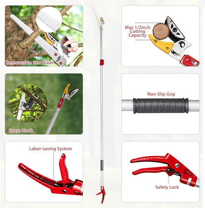 4-in-1 Pruners for Gardening, long handled pruners with Extendable Handle and Safety Lock, 4.4-7.2 Foot Telescopic Saw, Branch Trimmer and Fruit Picker with a Cutting Diameter of 1/2 Inch