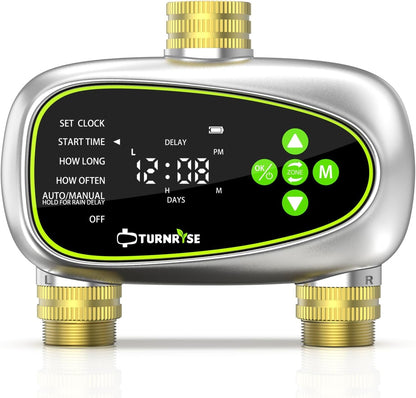 Water Timer for Garden Hose - 2 Zone Sprinkler Controller with Soil Moisture Sensor, Rain Delay & Brass Inlet Programmable Hose Timer, Automatic Drip Irrigation System for Yard Lawn Greenhouse