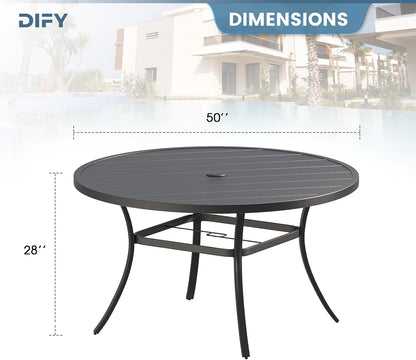 DIFY 50" Round Outdoor Patio Dining Table for 6, Metal Patio Table with 1.57" Adjustable Umbrella Hole, All-Weather Dining Furniture Table for Backyard Lawn Garden, Black