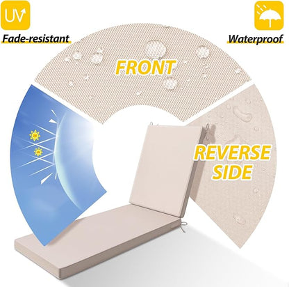 AAAAAcessories Outdoor Chaise Lounge Cushions, Waterproof, Fade-Resistant Patio Furniture Replacement Cushions, 72" x 21" x 3", Set of 2, Khaki Beige