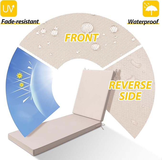 AAAAAcessories Outdoor Chaise Lounge Cushions, Waterproof, Fade-Resistant Patio Furniture Replacement Cushions, 80" x 26" x 3", Khaki Beige