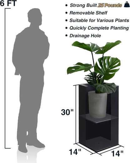 Metallic Heavy Tall Outdoor/Indoor Planter Box 14Lx14Wx30H Inches Rectangular Large Flowerpot, Tall Metal Planter Box for Front Porch ‎25 Pounds, No Assembly Required, Black, 1 Pack