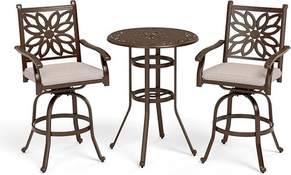 Sophia & William 3 Pieces Cast Aluminum Patio Bar Set, Round Outdoor Bar Table and 2 Swivel Bar Counter Height Chairs Set, Modern Patio Pub Bistro Set with Outdoor Stools