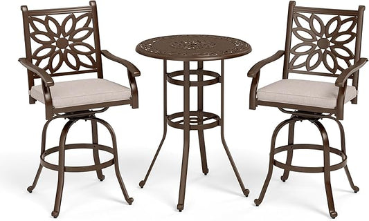 Sophia & William 3 Pieces Cast Aluminum Patio Bar Set, Round Outdoor Bar Table and 2 Swivel Bar Counter Height Chairs Set, Modern Patio Pub Bistro Set with Outdoor Stools