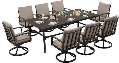 HAPPATIO Aluminum 9 Piece Patio Dining Set, Outdoor Swivel Dining Chairs and Dining Table, Aluminum Outdoor Dining Set for 8, Patio Dining Furniture with Washable Cushions (Black)