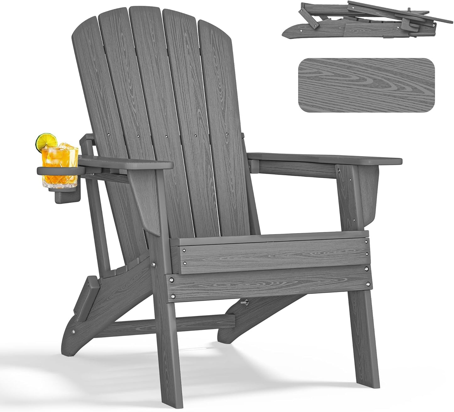 Folding Adirondack Chair - Extended Ergonomic Backrest, Cup Holder - Easy Assembly - Durable HDPE Plastic, Weather Resistant & Maintenance-Free - Lawn, Patio, Deck Supports 400lbs Grey
