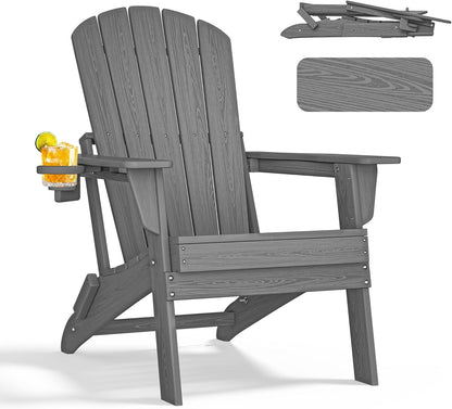 Folding Adirondack Chair - Extended Ergonomic Backrest, Cup Holder - Easy Assembly - Durable HDPE Plastic, Weather Resistant & Maintenance-Free - Lawn, Patio, Deck Supports 400lbs Grey