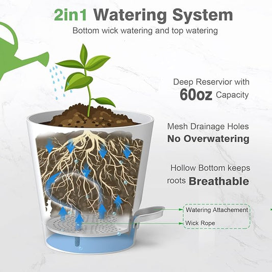 12inch Large Self Watering Plant Pot, Plastic Cylinder Planter with 60Oz Deep Reservoir and Saucer for Indoor Outdoor Plants Flowers Houseplants, White with Brown