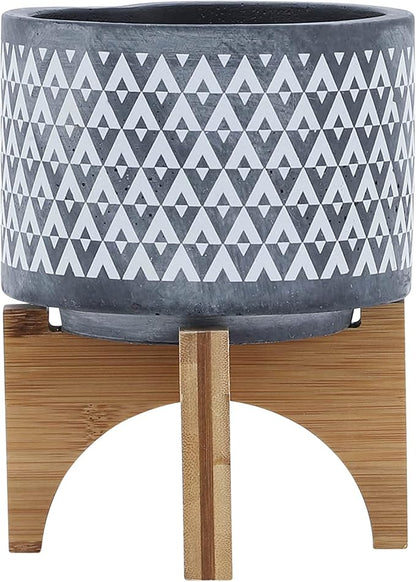 Sagebrook Home Stoneware Planter with Wooden Stand - Ceramic Indoor/Outdoor Plant Pot - Modern Geometric Design - Home & Garden Decor - 6" Gray