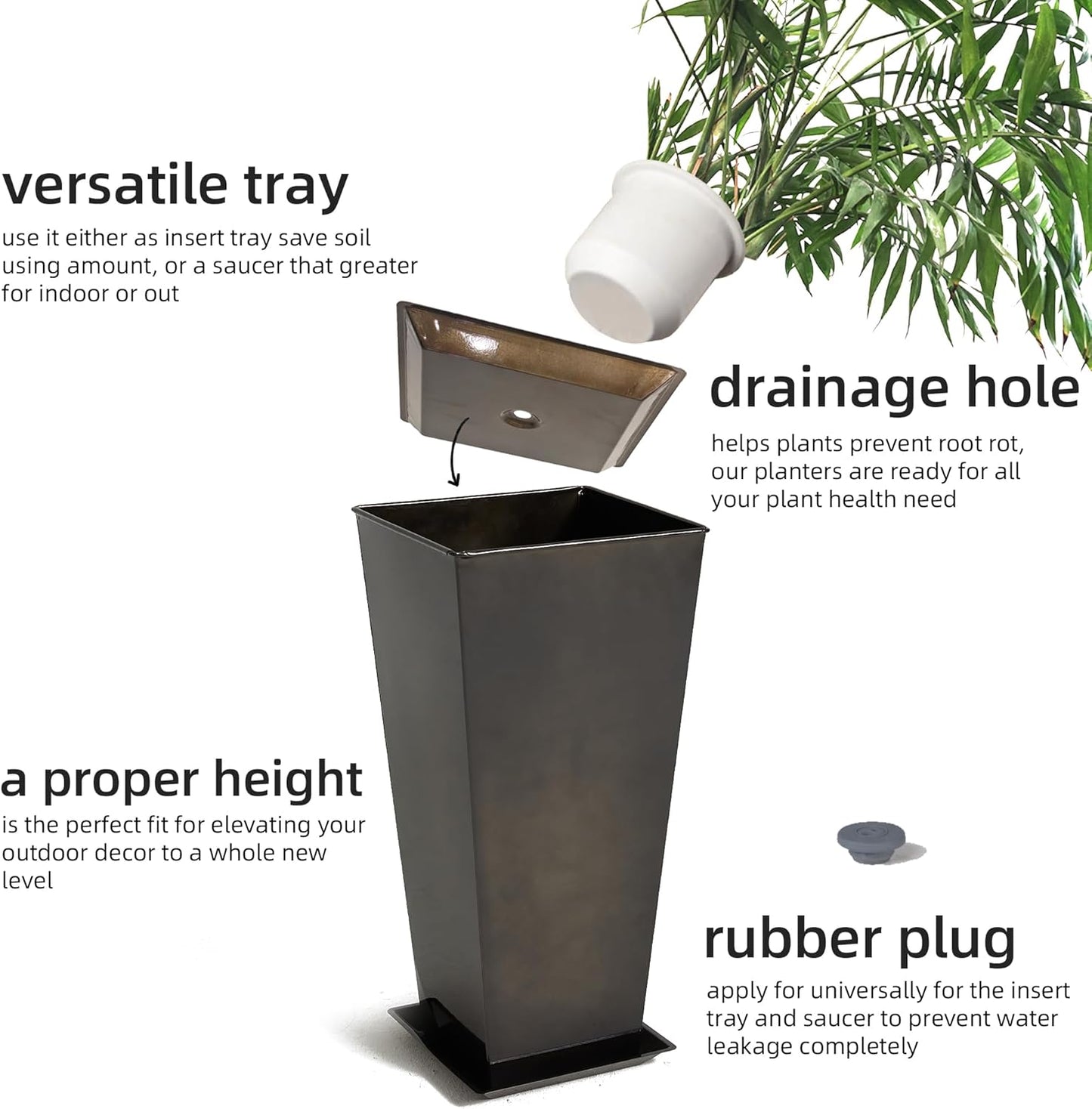 KOL 25''H. Bright Glazed Planter with Drainage Hole, Set of 2, Tall Galvanized Steel Planter Pots with Saucer for Indoor & Outdoor Use, Decorative Flower Plant Pots for Porch, Patio, Deck - Black