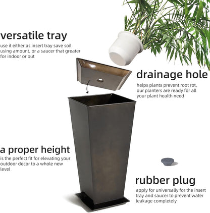 KOL 25''H. Bright Glazed Planter with Drainage Hole, Set of 2, Tall Galvanized Steel Planter Pots with Saucer for Indoor & Outdoor Use, Decorative Flower Plant Pots for Porch, Patio, Deck - Black