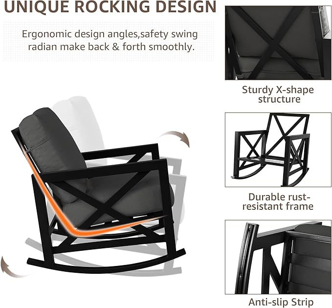 NATURAL EXPRESSIONS Patio Rocking Bistro Set, 3 Piece Outdoor Conversation Furniture Set with 2 Rockers and 1 Metal Coffee Table with Thick Cushions,2 Pack Patio Chair Covers Included