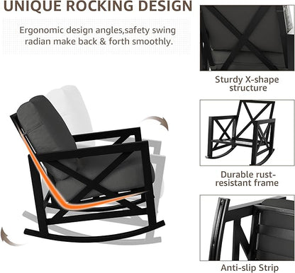 NATURAL EXPRESSIONS Patio Rocking Bistro Set, 3 Piece Outdoor Conversation Furniture Set with 2 Rockers and 1 Metal Coffee Table with Thick Cushions,2 Pack Patio Chair Covers Included