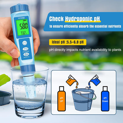 Water pH Meter, Digital 4 in 1 pH Temp EC TDS Meter for Hydroponics, PH Conductivity PPM Tester with EC Calibration Liquid, Suit for Growing Nutrients,Reservoir Tank,DWC,Brewing,Pool, Aquarium