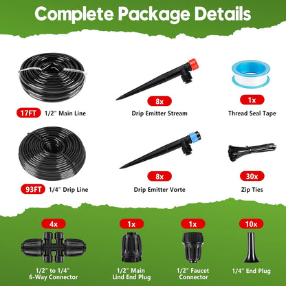 110FT Drip Irrigation System for Garden, Quick-Connect Automatic Garden Watering System with 1/2" & 1/4" Tubing and Accessories - Adjustable Sprinklers Kit for Greenhouse, Yard, Lawn, Raised Bed