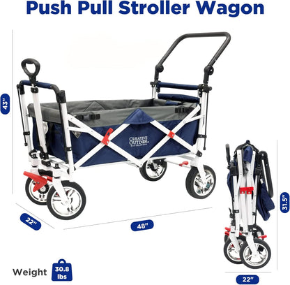 Creative Outdoor Wagon for Kids Push Pull Collapsible Stroller Folding Cart | Silver Series | Beach Park Garden & Tailgate | Navy Blue