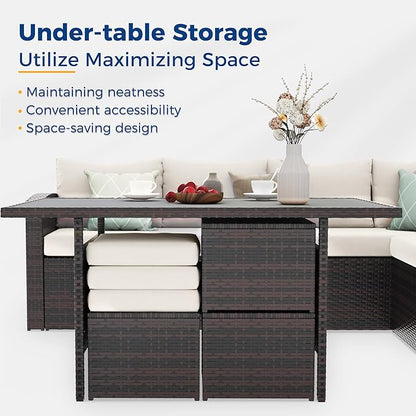 Wisteria Lane Patio Furniture Set, 7 Piece Outdoor Dining Sectional Sofa with Dining Table and Chair, All Weather Wicker Conversation Set with Ottoman, Ivory