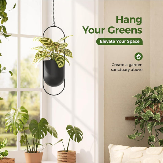Bamworld Hanging Planters for Indoor Outdoor Plants Metal Hanging Pots for Plants 5.5 Inch Hanging Baskets Window Plant Hanger Ceiling Hanging Flower Pots with Chain for Wall Decor Garden(Black)