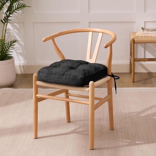 Chair Cushions for Dining Chairs, Dining Chair Cushions, Tufted Indoor Chair Pads with Ties & Non Slip Backing, Seat Cushions for Kitchen Chairs 16.5” x 16.5” x 3.5”, Set of 6, Black