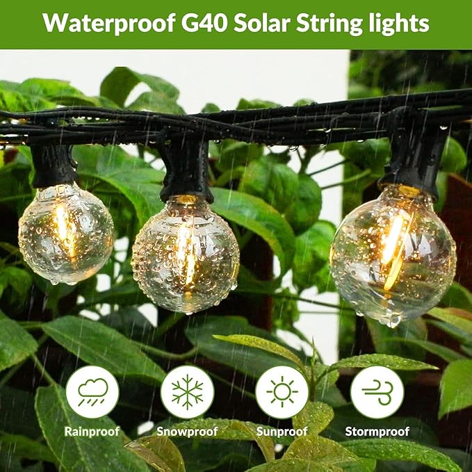 Lakumu 200FT（100FT*2） G40 Solar String Lights, Globe Outdoor String Lights with 72 E12 Waterproof LED Bulbs, 2700K Shatterproof Patio Lights, Solar Powered Hanging Lights