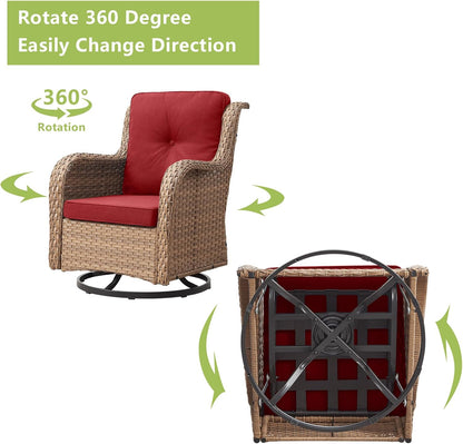 Outdoor Patio Swivel Rocker Chairs - 3 Piece Patio Bistro Set,Wicker Patio Furniture Set with 2 Swivel Rocking Chairs and 1 Glass Top Side Table for Deck Porch Garden,Yellow/Red
