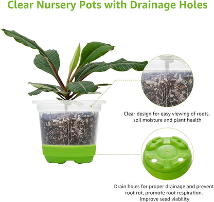 MIXC 30 Packs 4" Reinforced Clear Nursery Pots with Silicone Base for Easy Transplant, Transparent Plastic Plant Pot Reusable Seedling Pots Seed Starter Pots Flower Pot, Green