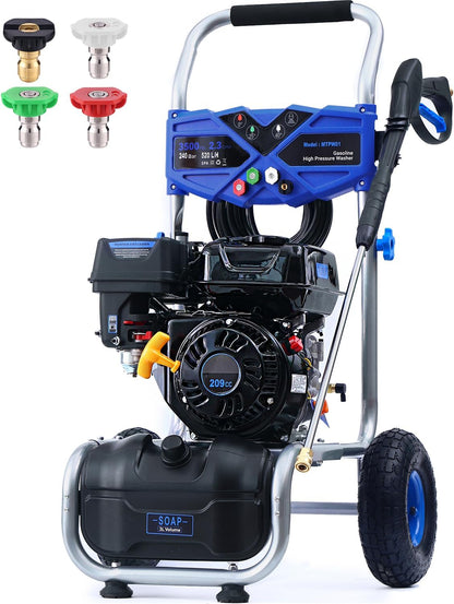 3500 PSI Gas Pressure Washer, 2.3 GPM Power Washer with 209CC Engine, Maintenance-Free Axial Cam Pump, 25FT Hose, 4 Nozzles for Driveways, Walls, Vehicles, Patio (Blue)